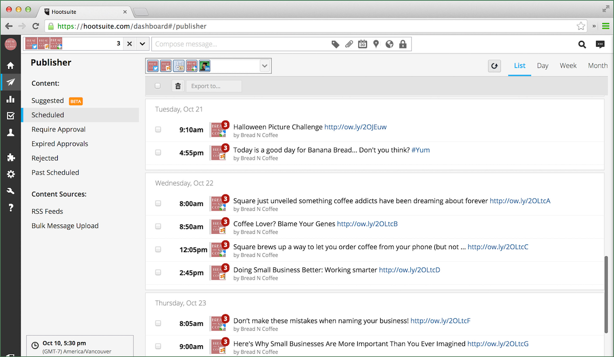 Screenshot of Hootsuite showing a list of scheduled tweets.