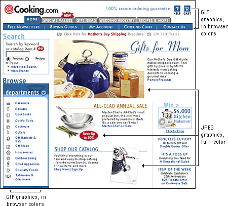 Screen shot: Web-safe interface elements and full-color photos on Cooking.com page