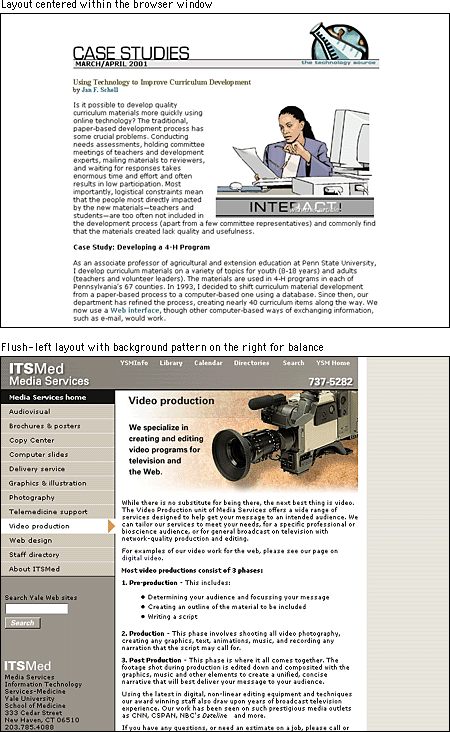 Screen shot: Centered layout on Technology Source page and flush-left layout on ITSMed Video Production page