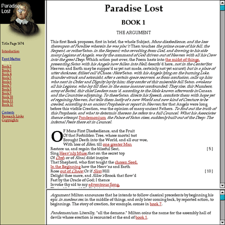 Screen shot: Frames-based layout on Milton Reading Room page