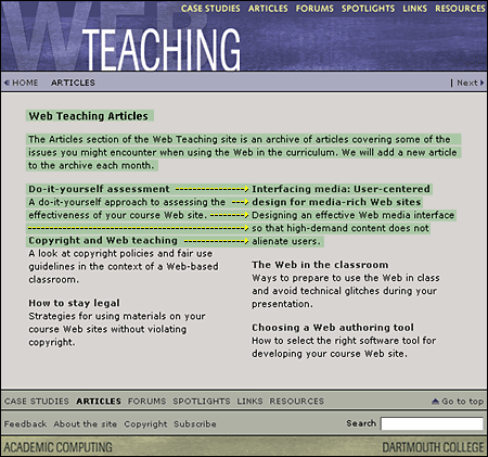 Screen shot: Progress of screen reader through columnar layout on Web Teaching page