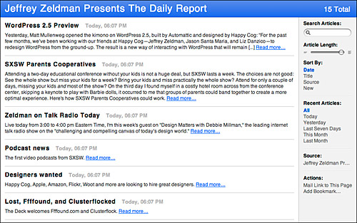 Screen capture of the RSS article listings for Jeffrey Zeldman's The Daily Report site.