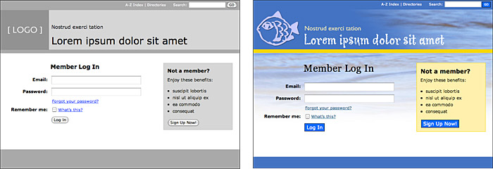 A diagramatic wireframe design for a sign-in form, next to the finished form with graphic design in place.