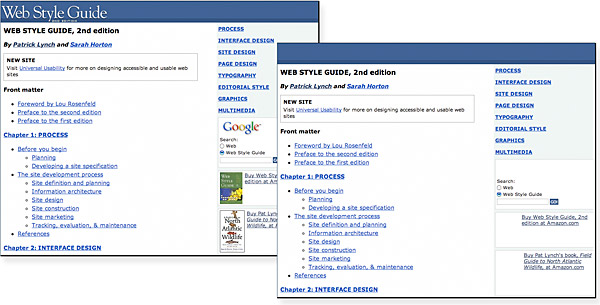 Two views of the Web Style Guide second edition home page, showing the page with graphics, and as seen with the page graphics turned off in the browser. With images turned off the image boxes show the alternate text for the image.