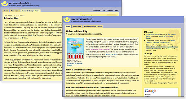 Two screens from the universalusability.com web site, showing how CSS background colors can produce a visually attractive site with minimal page graphics.