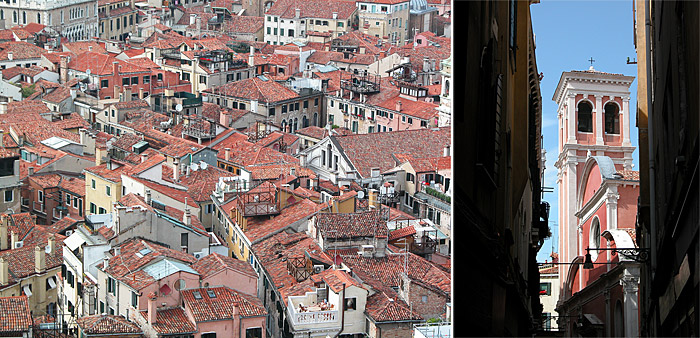 Two aerial views of the confusing streetrs and canals of Venice, Italy, showing how the church towers and campaniles act as wayfinding landmarks, particularly for visitors.