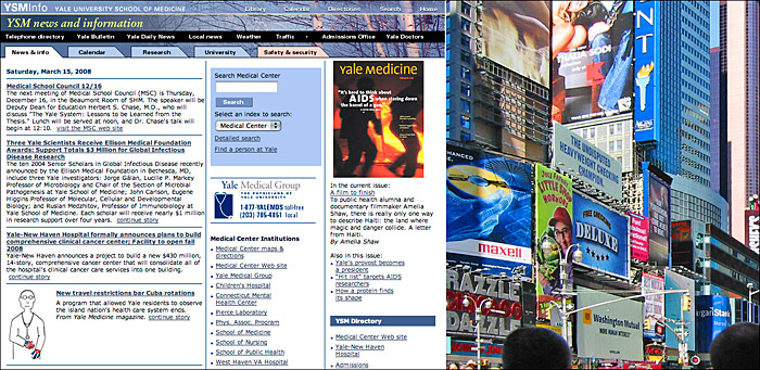 A two-part figure comparing an overly complex web page on the left with a photograph on the right of the overwhelming visual complexity and distractions of Times Square.