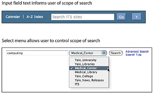 At the top of the figure a simple header search box is shown; easy to use, but in a header there isn't room to ffer the user choices in what scope to search. The bottom of the figure shows a larger search box that does offer choices in what areas of the site will be searched.