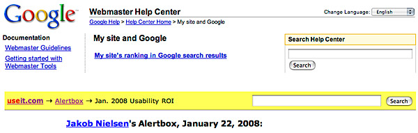 Two examples of header breadcrumb trails, from Google and useit.com.
