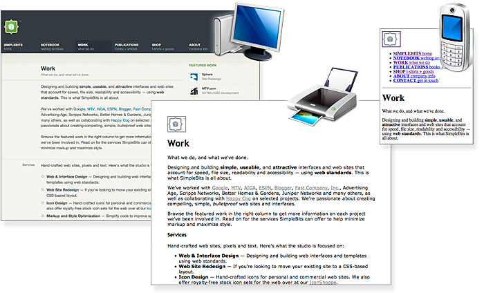 A three-part figure showing the same web page rendered on the screen, in print, and on a simple small mobile device screen.
