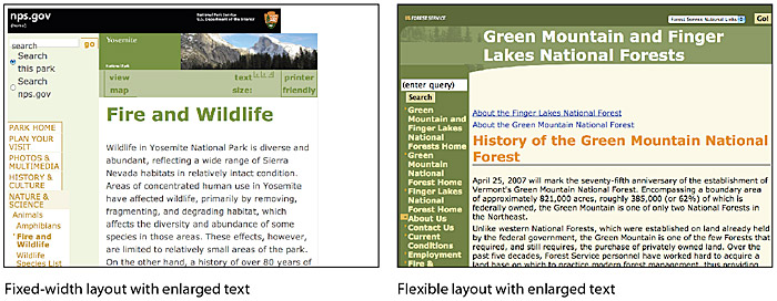 Two pages from the U.S. National Park Service area shown, with text enlarged sevwral sizes above the normal web browser settings. The fixed-width page shows awkward layout problems due to the enlarged type. The flexible 'liquid' layout enlarges text with many fewer problems.
