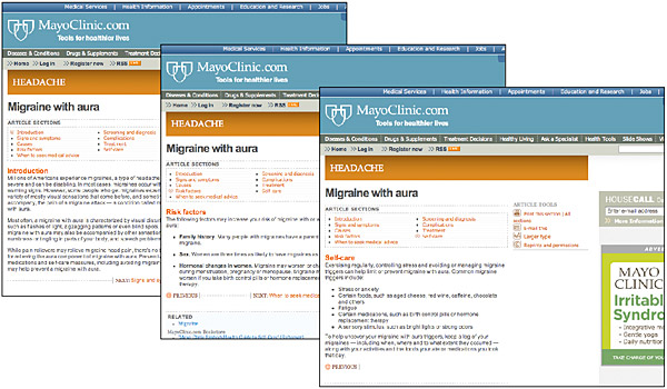 Three Mayo Clinic web pages, showing keywords and titles placed high on the page.